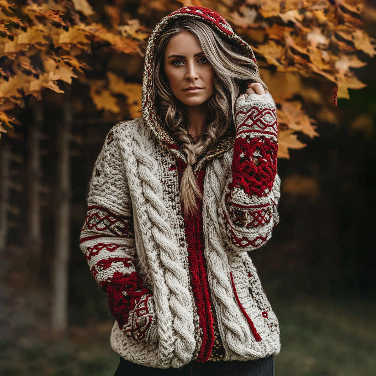 Women's Classic Celtic Knot Jacquard Contrast Print Knit Zip Hoodie artswardrobe