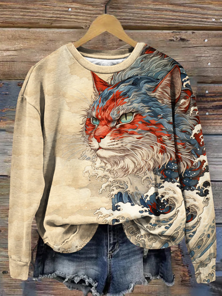 Japanese Great Wave Inspired Mysterious Cat Art Sweatshirt elevenforest