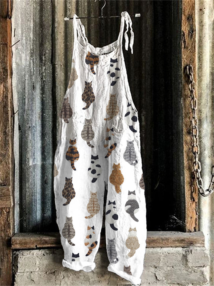 Cute Cats Embroidery Pattern Linen Blend Casual Jumpsuit elevenforest