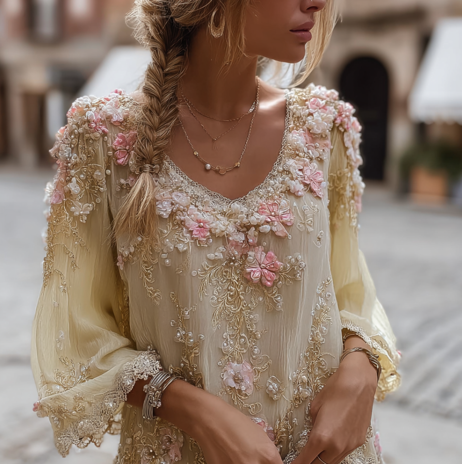 Comstylish Bohemian Style Plant And Flower Embroidery Women's Round Neck Long Sleeve Cotton And Linen Top