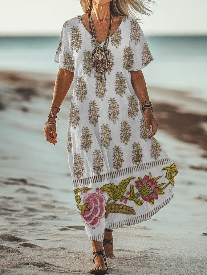 Women's Art Floral Hippie Vintage Print V Neck Dress