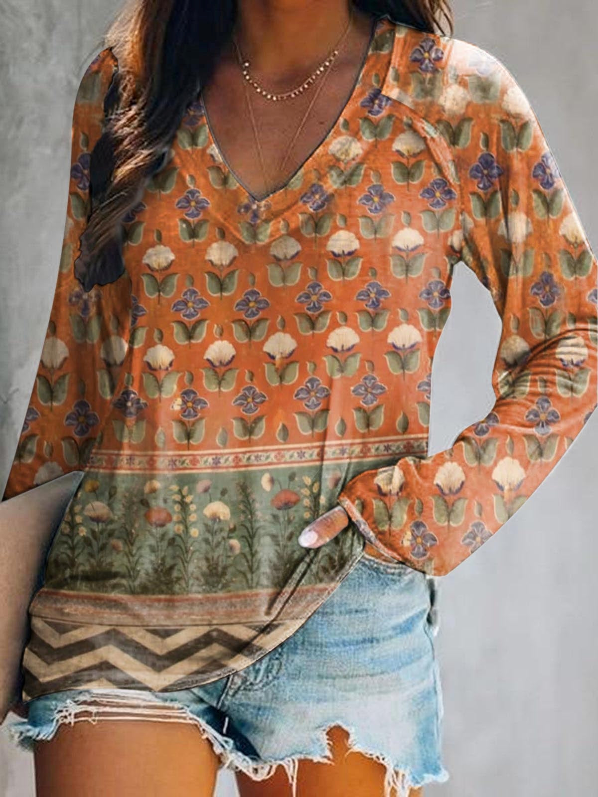 Women's Vintage Floral Collage Art Pattern Print Casual V-neck Long Sl