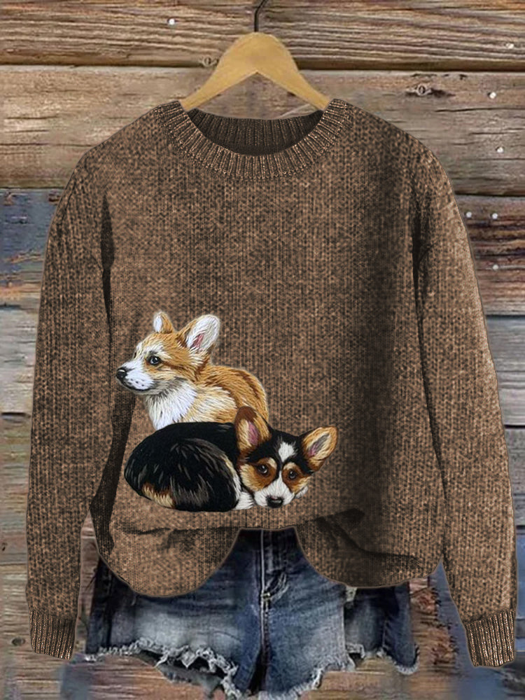 Comstylish Lovely Corgi Dogs Embroidered Cozy Knit Sweater