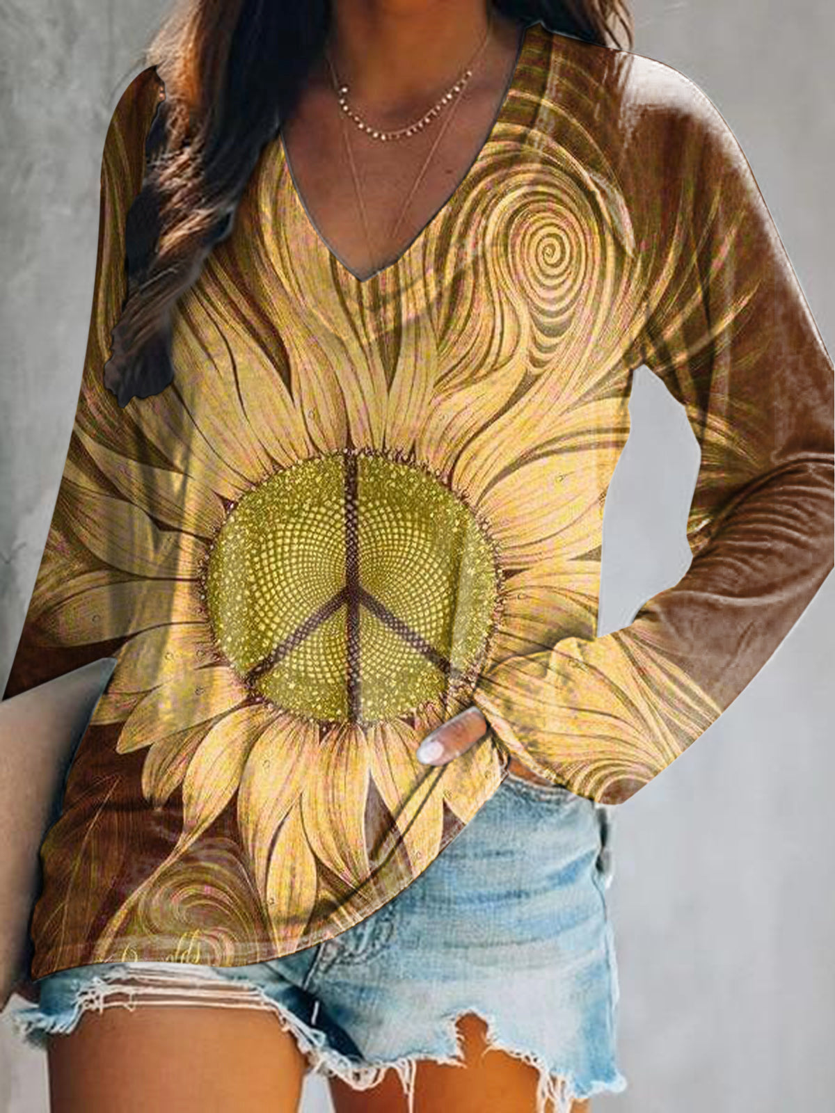 Women's Casual Hippie Floral Art Print V Neck Long Sleeve Tops