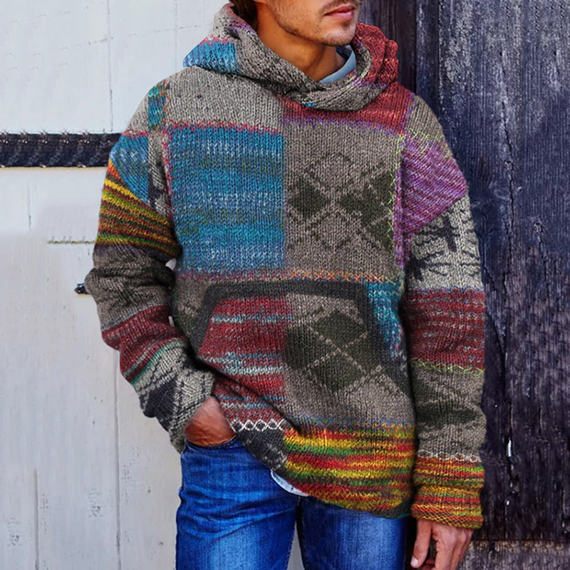 Men's Vintage Patchwork Cozy Hooded Sweater elevenforest
