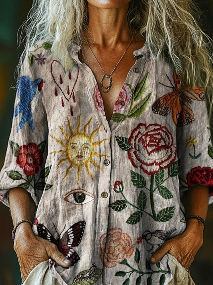 Women's Vintage Sun Floral Art Pattern Print Casual Cotton Linen Shirt
