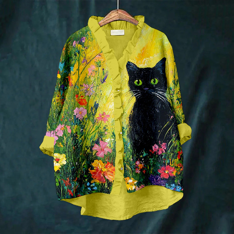 Comstylish Black Cat & Colorful Flowers Ruffle Trim Linen Blouse
