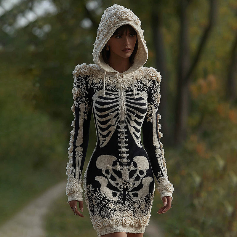 Women's Vintage Halloween Skeleton Bones With Rose Art Cozy Knit Hooded Sweater Dress artswardrobe