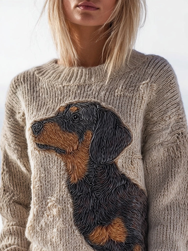 Comstylish Cute Dachshund Embroidered Cozy Knit Sweater