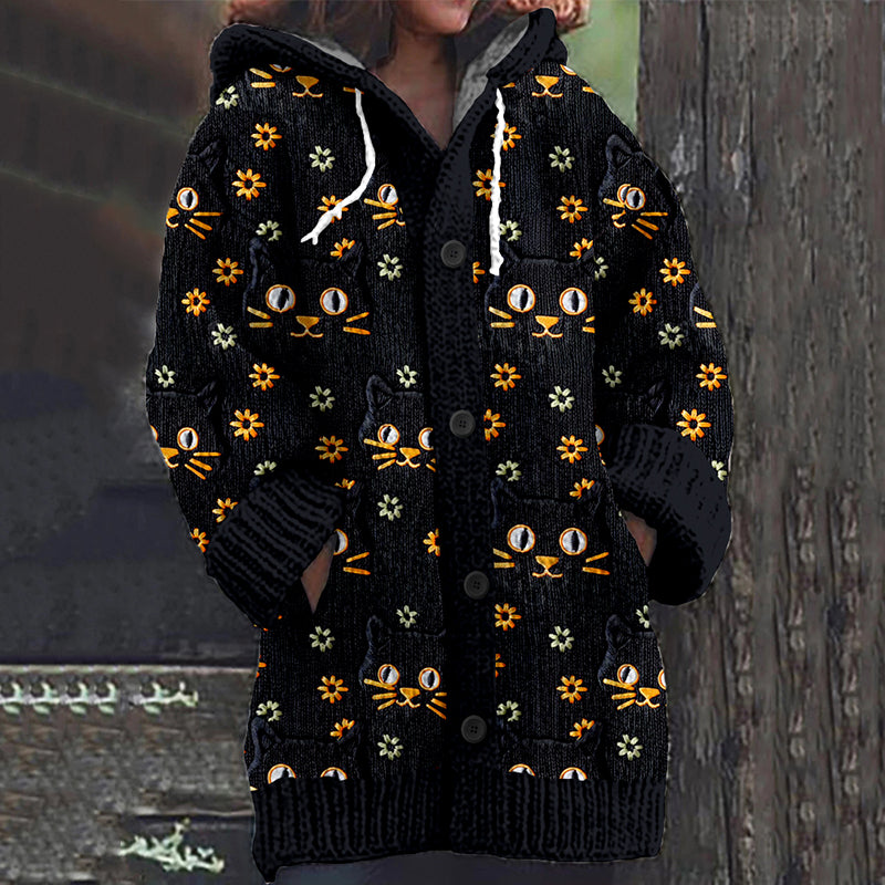 Balck Cat Embroidery Art Pattern Cozy Hooded Knit Sweater elevenforest