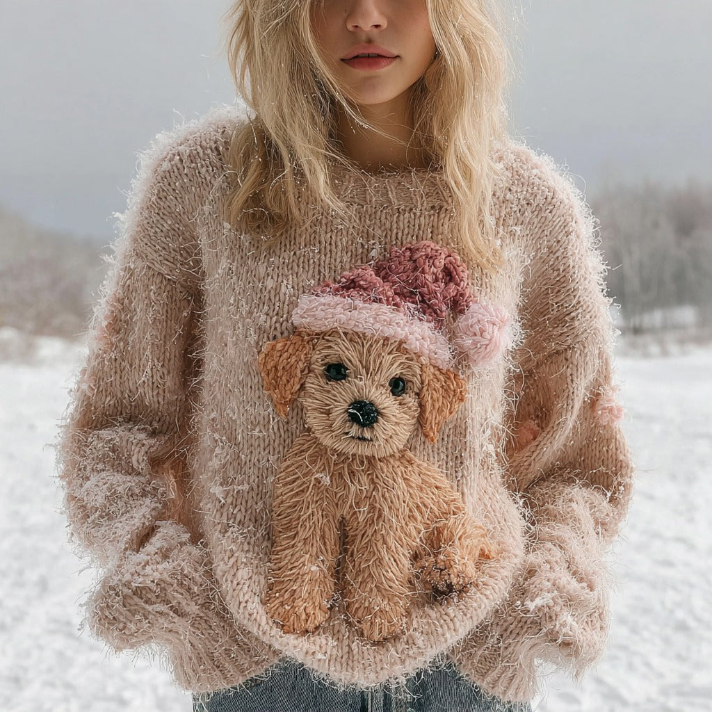 Fuzzy Cute Golden Retriever Puppy Knit Christmas Sweater artswardrobe