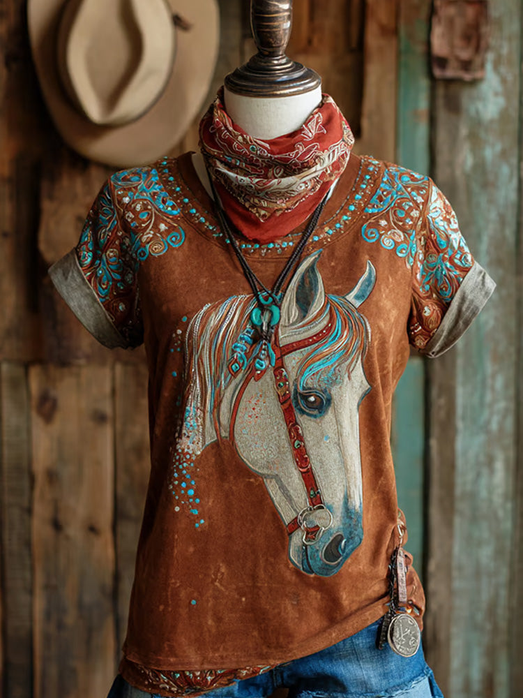 Women's Casual Vintage Western Horse Design Printed Crew Neck T-shirt artswardrobe