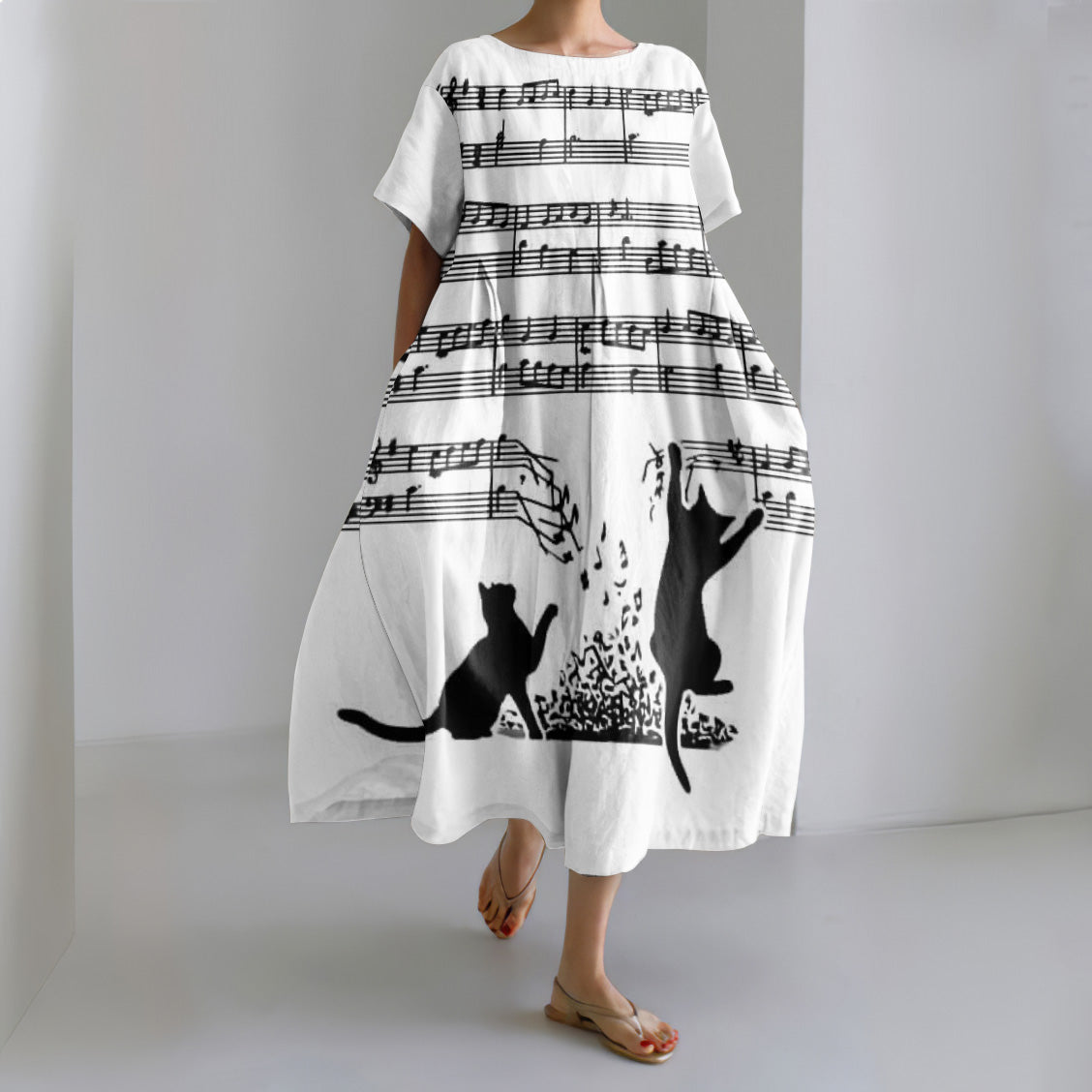 Abstract Cat Playing On Sheet Music Print Loose Midi Dress elevenforest