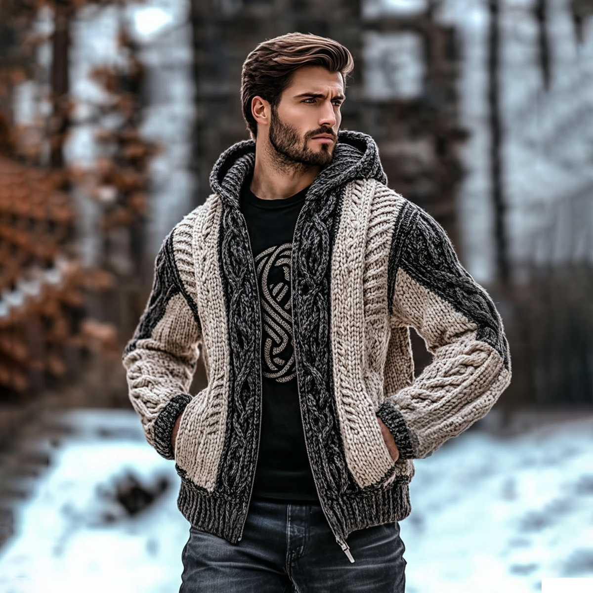 Men's Vintage Celtic Knot Jacquard Chunky Knit Cozy Zip Up Cardigan Sweater artswardrobe