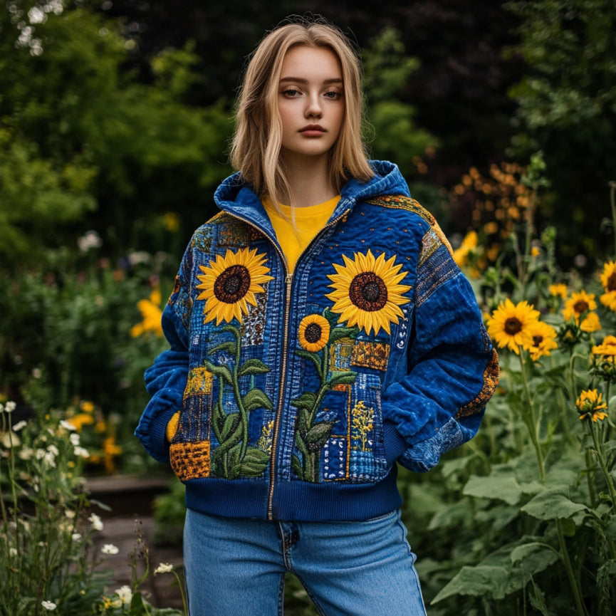 Comstylish Ukraine Sunflowers Embroidered Patchwork Art Full Zip Hoodie