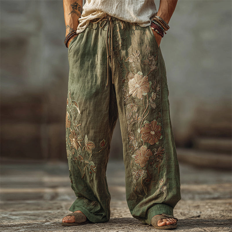Men's Boho Floral Embroidered Wide Leg Linen Pants artswardrobe