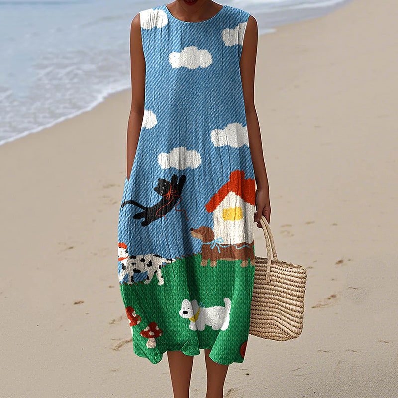 Women's Retro Cute Dogs And Cat Art Print Sleeveless Dress elevenforest