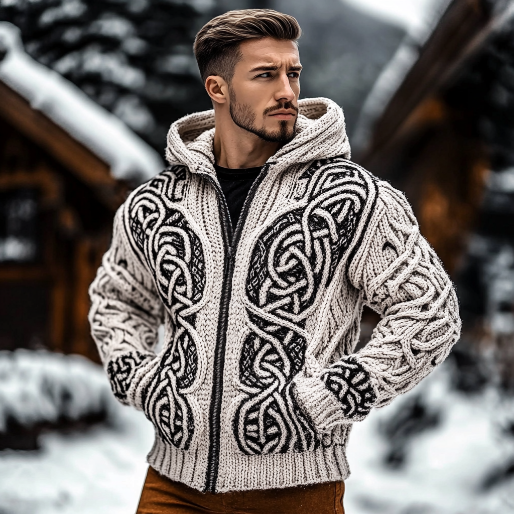 Men's Viking Tribal Jacquard Celtic Style Chunky Knit Hooded Cardigan Sweater artswardrobe