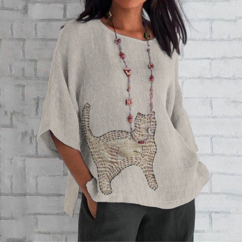Women's Cat Patch Sashiko Embroidery Art Loose Crew Neck Tops artswardrobe