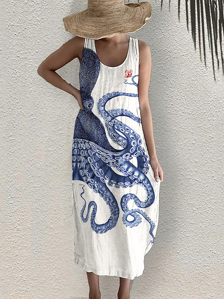 Japanese Art Octopus Print Sleeveless Midi Dress