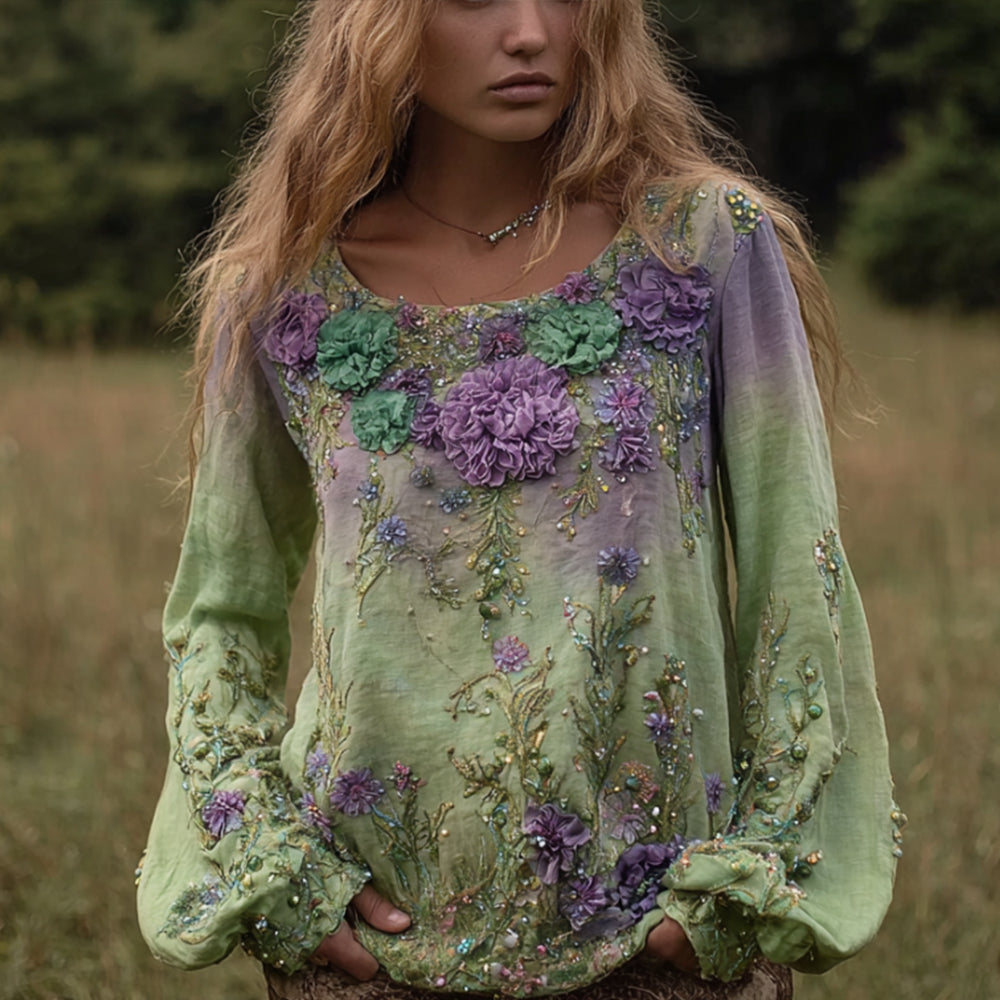 Bohemian Style Embroidered Plant Round Neck Long Sleeve Casual Vintage Top artswardrobe