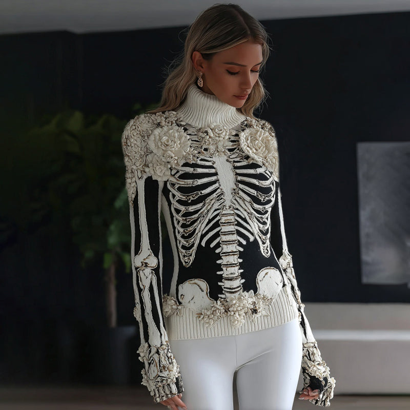 Women's Skeleton Flower Art Cozy Turtleneck Sweater artswardrobe