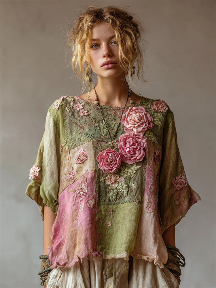 Vintage Pink Roses Cottagecore Patchwork Linen Tunic artswardrobe