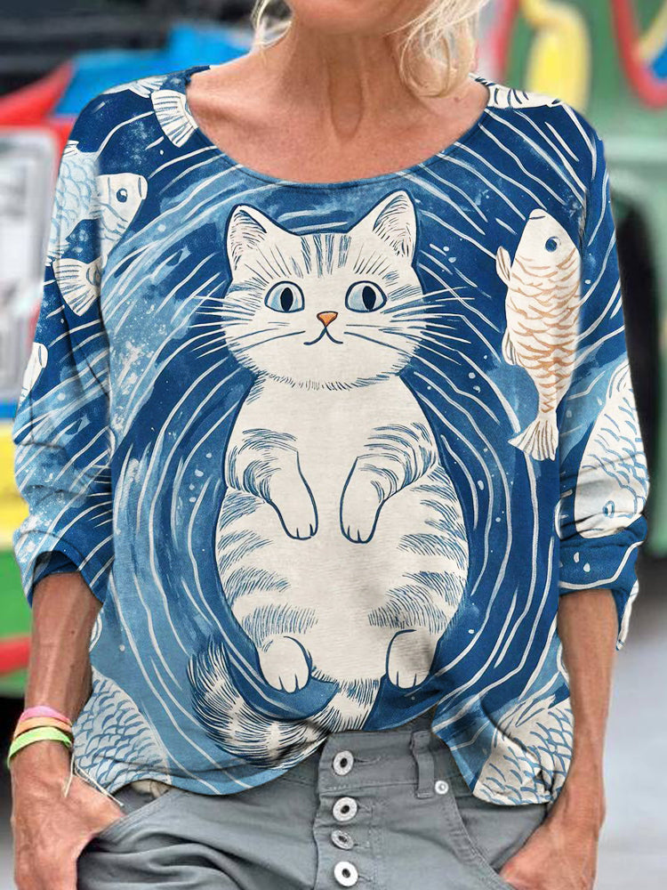 Swimming Cat & Fish Pattern Women's Linen Shirt elevenforest