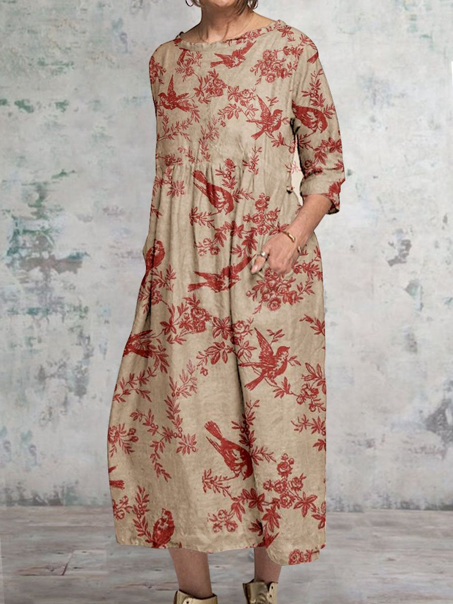Women's Classic Floral Pattern Round Neck Cotton And Linen Dress With Pockets