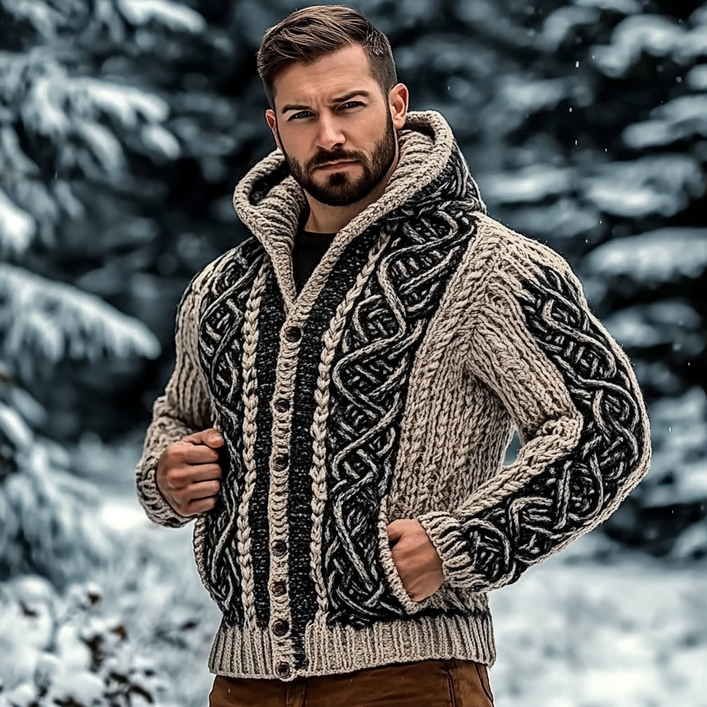 Men's Viking Jacquard Chunky Knit Comfort Cardigan Sweater artswardrobe