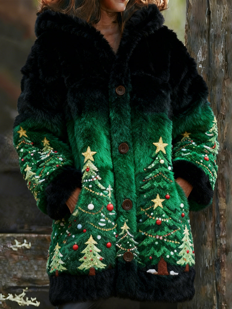 Comstylish Retro Christmas Tree Fleece Gradient Color Long Hooded Cardigan