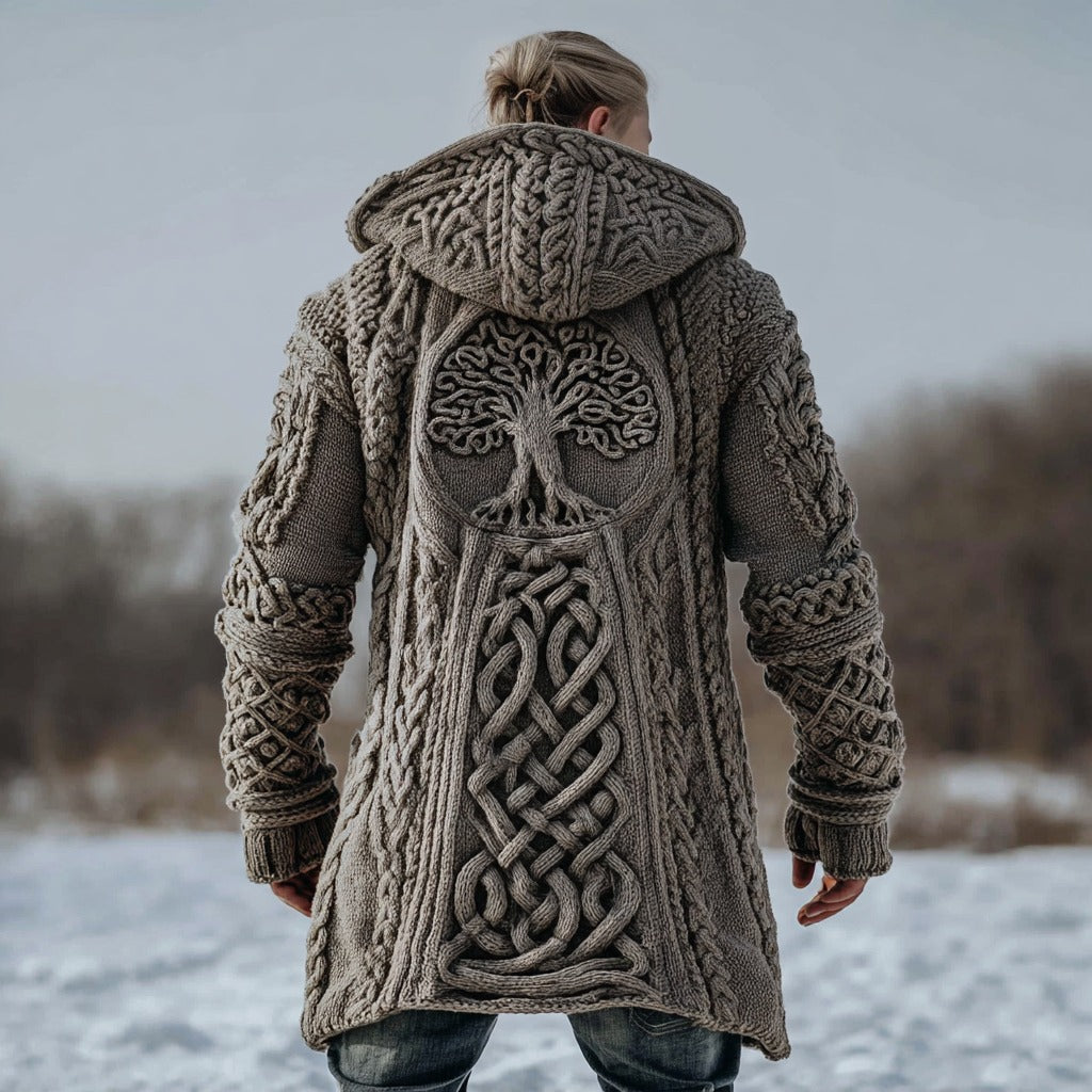 Men's Viking Tree Of Life Celtic Knot Jacquard Knit Zipped Aran Sweater Hooded Cardigan artswardrobe