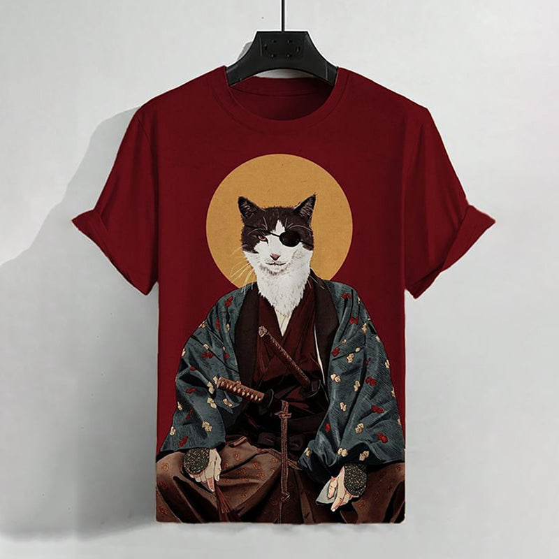 Men's Moon Japanese Samurai Cat Art Print Casual T-Shirt elevenforest