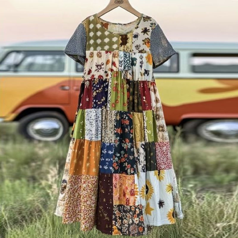 Countryside Style Collection Classy Patchwork Floral Pattern Art Linen Maxi Dress artswardrobe