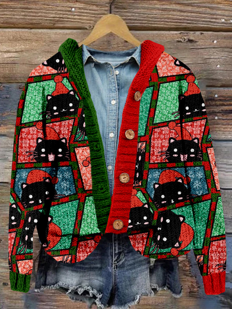 Christmas Cat in Santa Hat Cozy Hooded Cardigan elevenforest