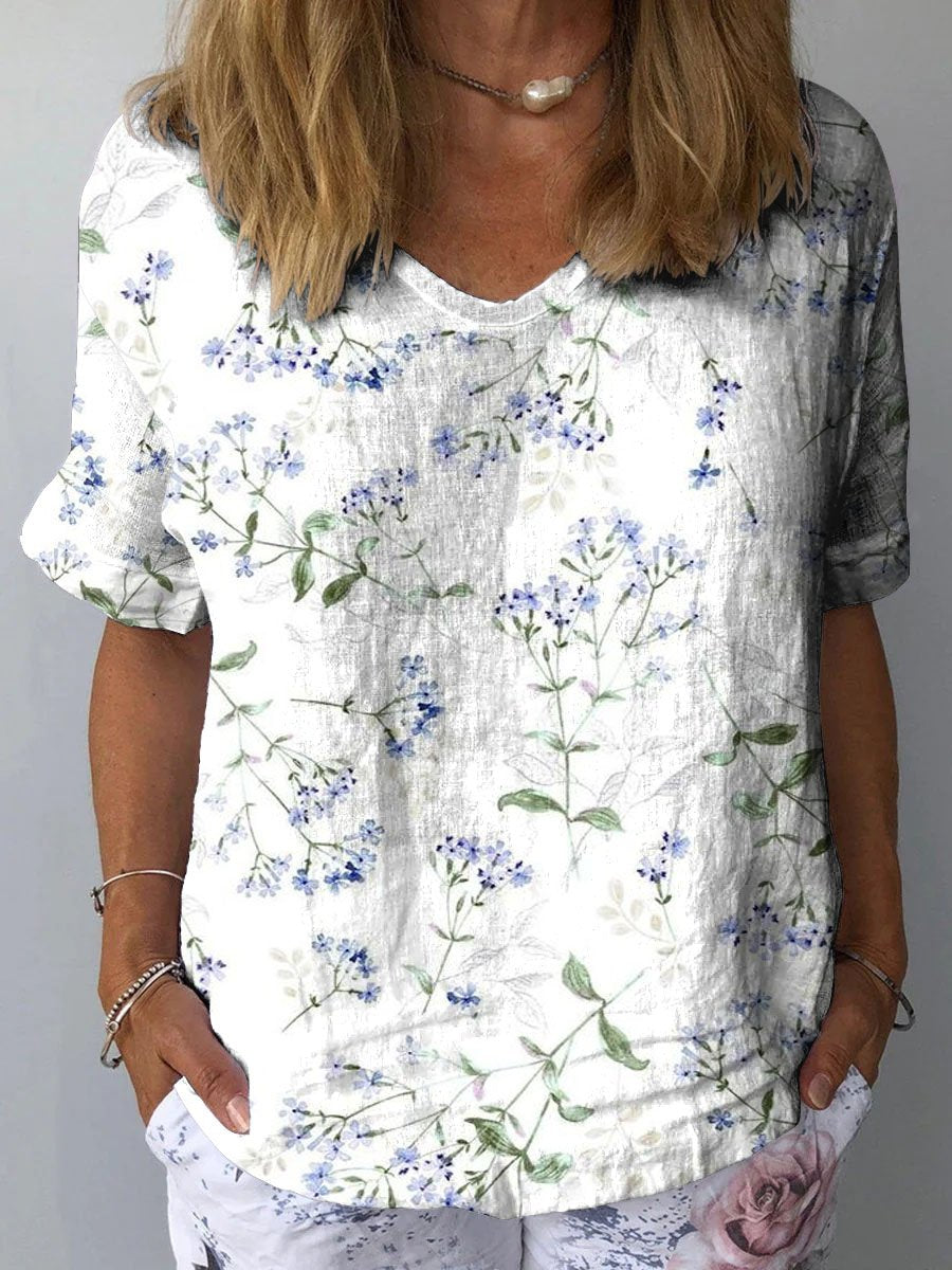 Women's Blue Floral Print On White Background Print Casual Cotton And Linen Shirt