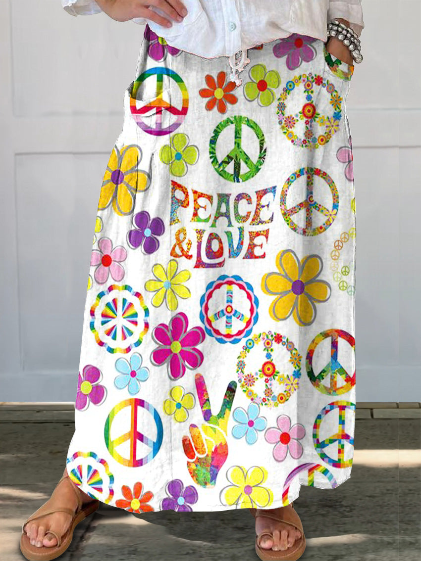 Women's Hippie Peace Love Floral Art Print Linen Pocket Skirt