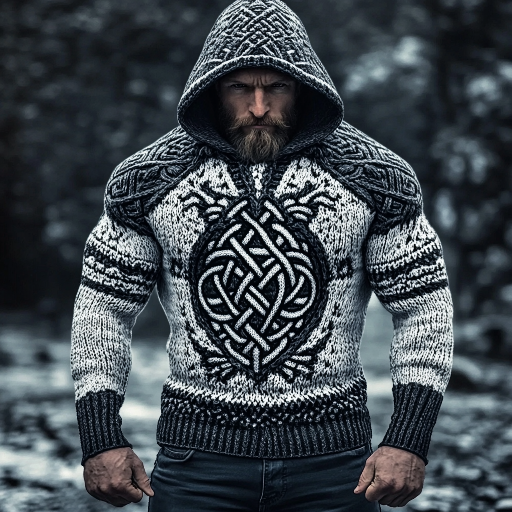 Men's Viking Raven Chunky Knit Celtic Knotwork Patterns Cozy Knit Hooded Sweater elevenforest
