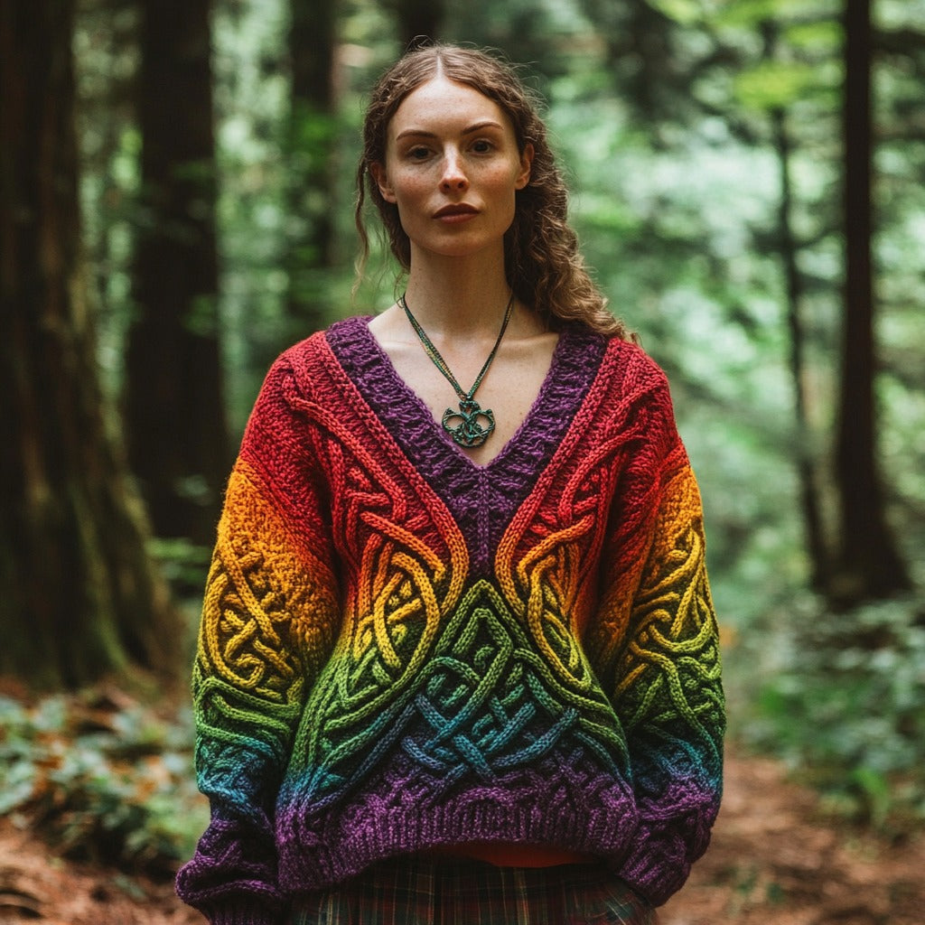 Vintage Rainbow Gradient Celtic Knot Chunky V-neck Aran Sweater elevenforest