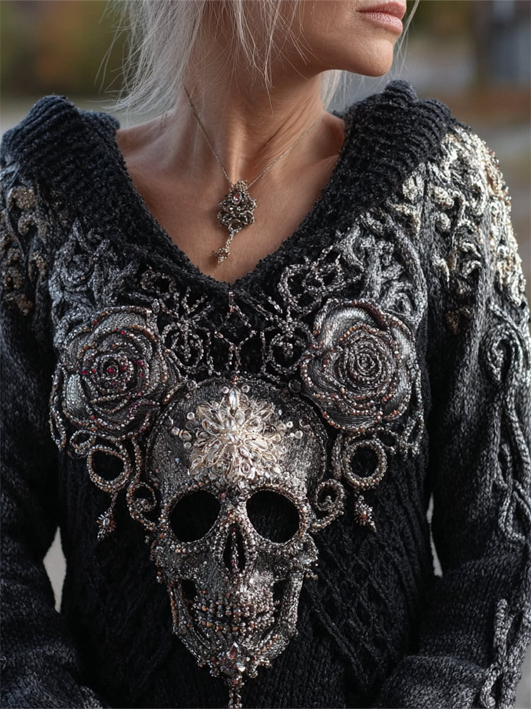 Elegant Skull & Roses Beaded Hooded Cozy Knit Sweater artswardrobe