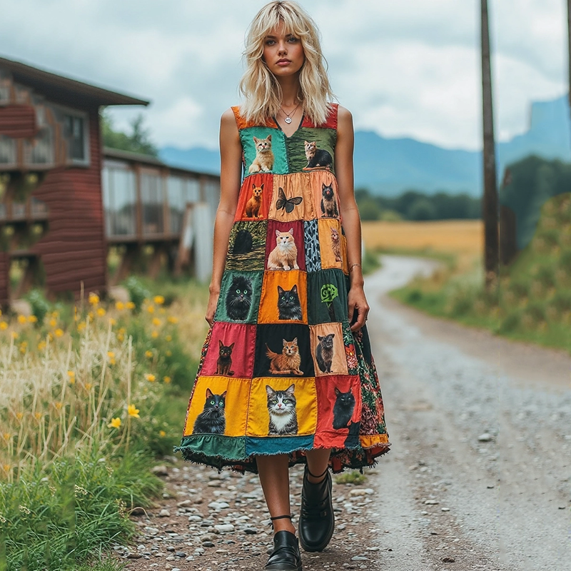 Women's Pop Art Cute Cat Cotton Linen Vest Dress elevenforest