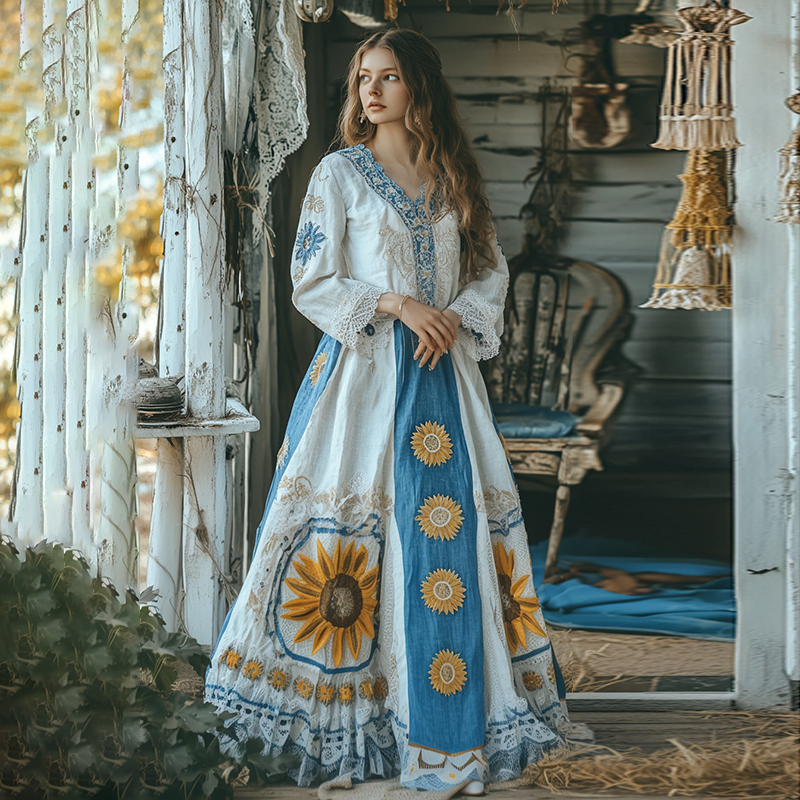 Vintage Sunflower Gradient Lace Patchwork Art Linen V-neck Maxi Dress artswardrobe