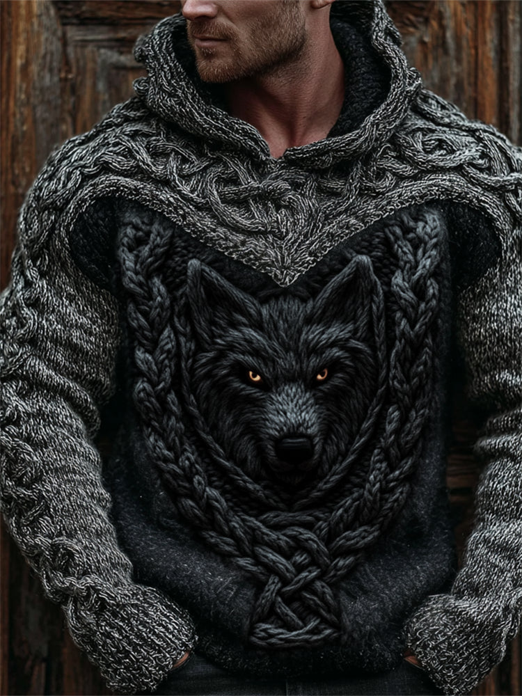 Men's Viking Wolf Celtic Crochet Hooded Cozy Chunky Sweater artswardrobe