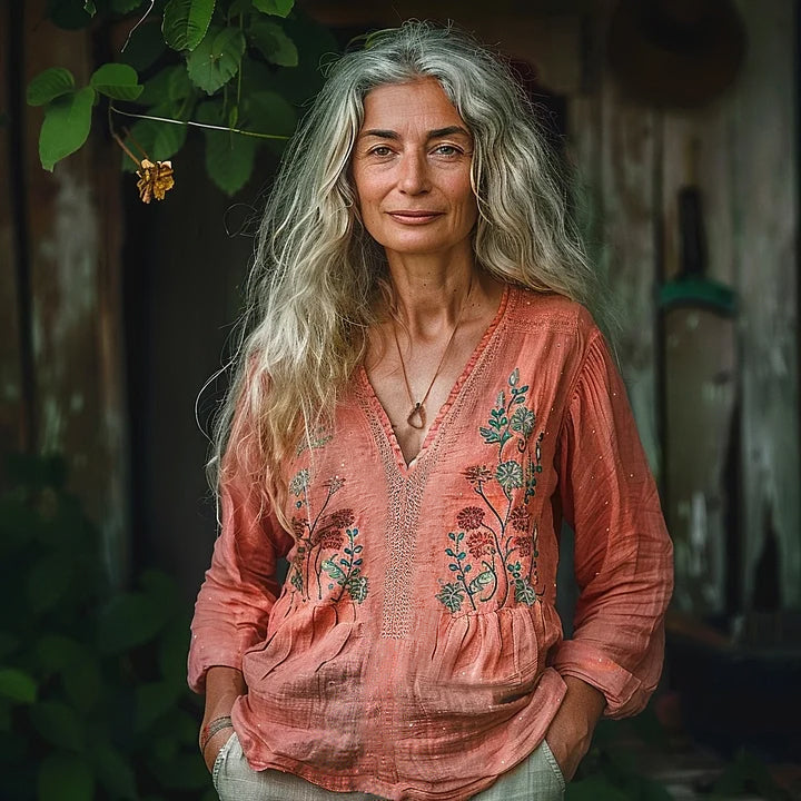 Bohemian Ethnic Floral Linen Art Print Long Sleeve V-neck Shirt artswardrobe