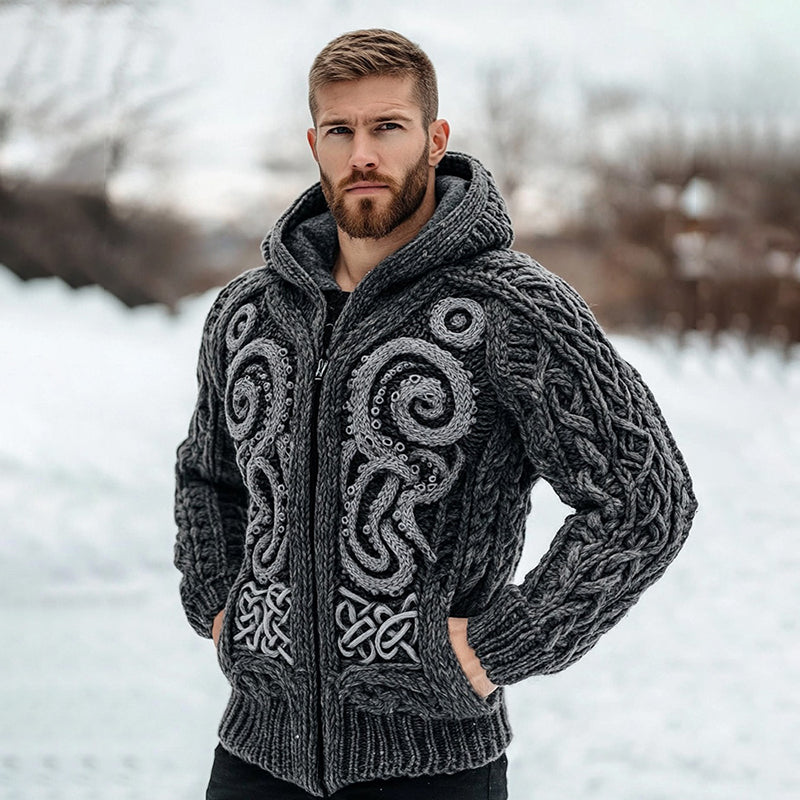 Men's Viking Cthulhu Octopus Celtic Knit Vintage Zipper Hooded Sweater artswardrobe