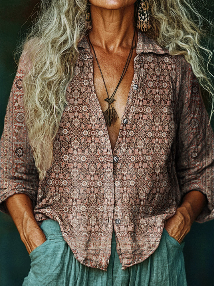 Women's Ethnic Tattoo Pattern Art Print Casual Cotton Shirt