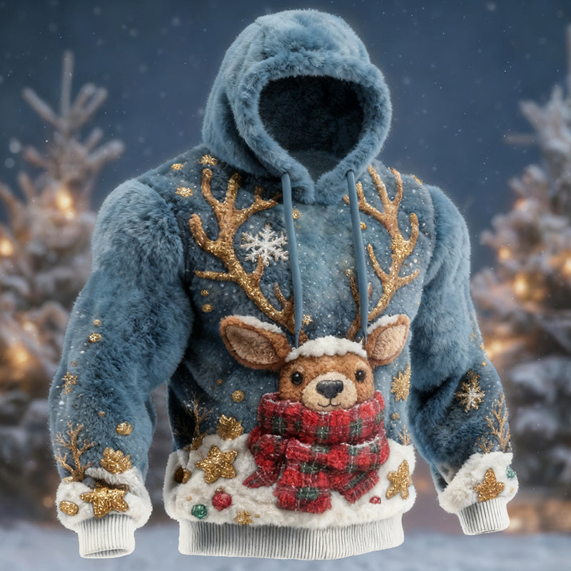 Comstylish Men's Christmas Reindeer Art Pattern Plush Warm Hoodie