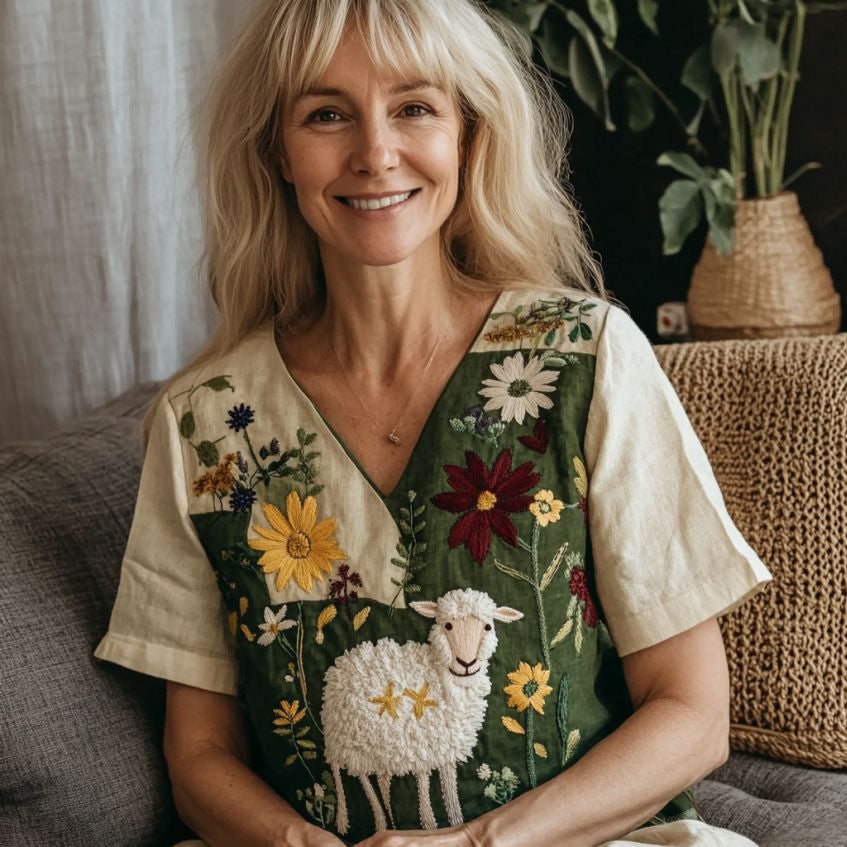 Women's Vintage Sheep And Floral Art Print Shirt artswardrobe