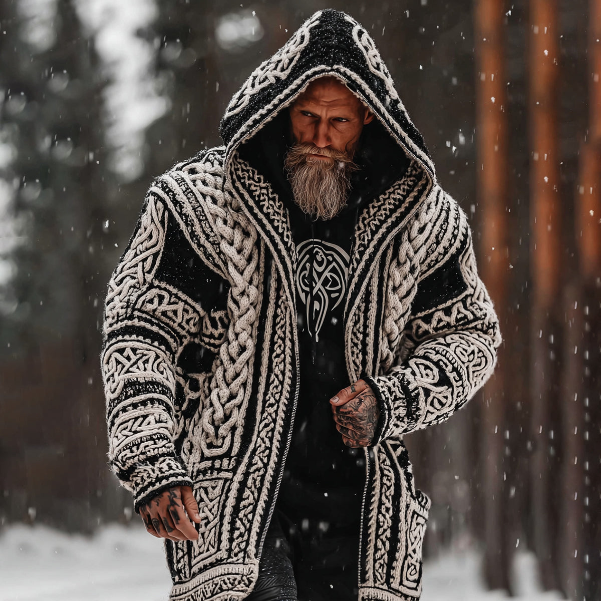 Men's Viking Tribal Jacquard Celtic With Rose Inspired Chunky Knit Zipped Hooded Sweater artswardrobe