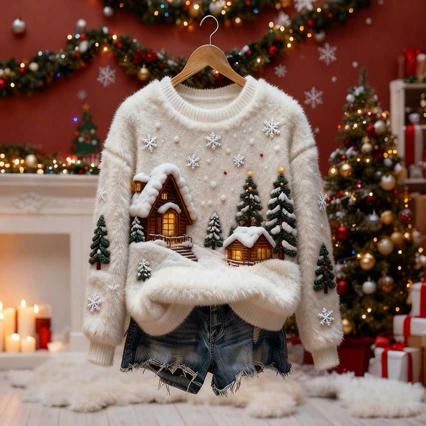 Christmas Snow Scene Women's Comfortable Plush Sweater